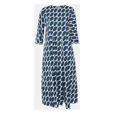 S'Max Mara Navy Blue Geometric Print Cotton Pleated Long Dress