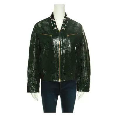 Marni Emerald Green Perforated Leather Floral Embellished Detail Bomber Jacket