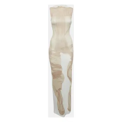 Acne Studios White/Beige Abstract Print Jersey Maxi Dress