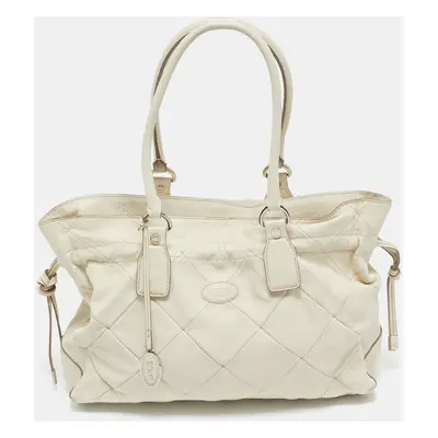 Tod's Off White Quilted Leather Drawstring Satchel