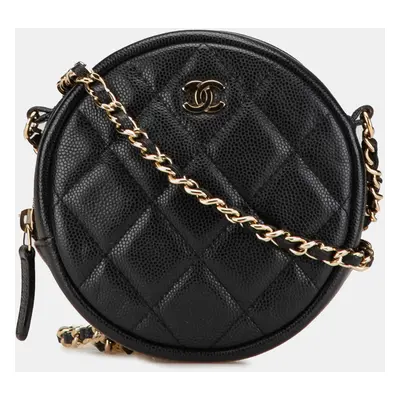 Chanel Black CC Quilted Caviar Round Clutch With Chain