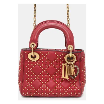 Dior Red Leather Mini Studded Supple Lady Dior Tote Bag