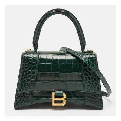 Balenciaga Green Croc Embossed Leather Hourglass Top Handle Bag