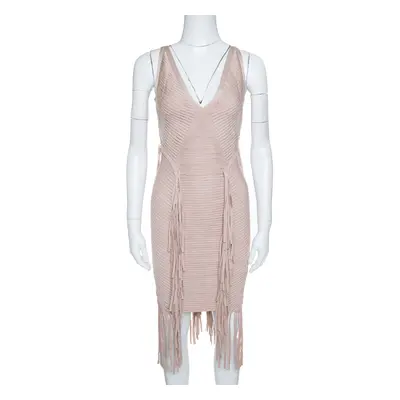 Herve Leger Beige Fringed Sleeveless Bandage Dress