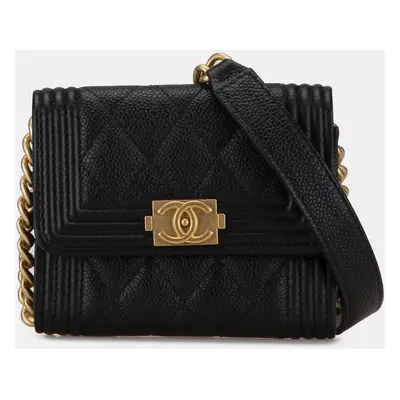 Chanel Black Quilted Caviar Boy Card Holder with Chain