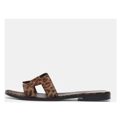 Hermes Brown Suede Leopard Print Oran Flat Sandals Size