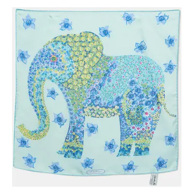 Salvatore Ferragamo Blue Floral Elephant Print Silk Square Scarf