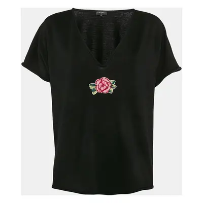 Chanel Black Rose Embroidered Wool Blend V-Neck Top