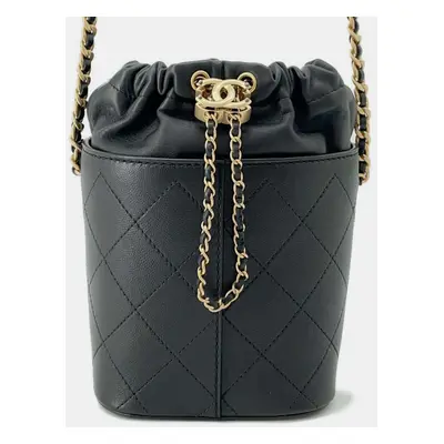 Chanel Matelasse Drawstring Bag Bucket Chain shoulder Bag Black Grained Lambskin