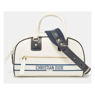 Dior White/Navy Blue Leather and Rubber Small Vibe Bowler Bag