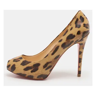 Christian Louboutin Beige Leopard Print Patent Leather Ron Ron Peep Toe Pumps Size 39.5