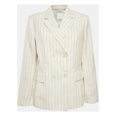 Sandro Off-White Striped Cotton Blend Double Breasted Blazer