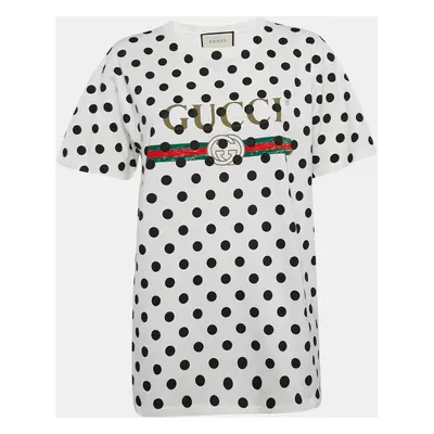 Gucci White Polka Dot Logo Print Cotton Crew Neck T-Shirt