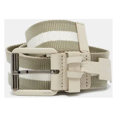 Dior Khaki Green/White Stripe Fabric and Leather Buckle Belt