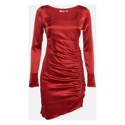 Roberto Cavalli Red Satin Silk Ruched Mini Dress