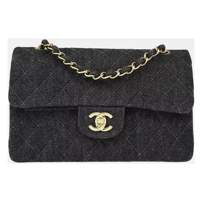 Chanel Black Denim Small Classic Double Flap Shoulder Bag