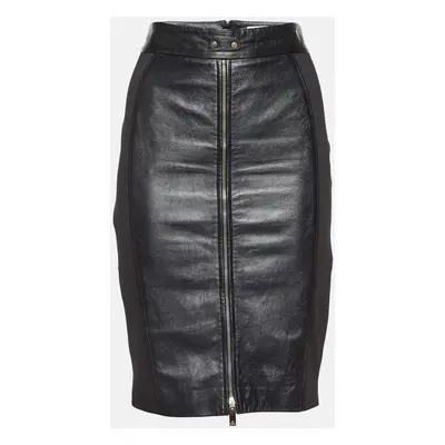 Elisabetta Franchi Gold Black Leather & Jersey Pencil Skirt