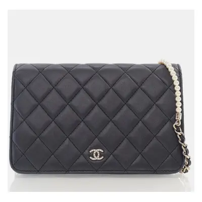 Chanel Grey Metallic Lambskin Limited Pearl Strap Wallet On Chain (WOC)