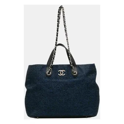 Chanel Blue CC Straw and Caviar Drawstring Shopping Tote