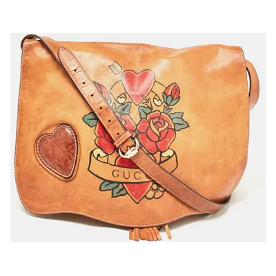 Gucci Brown Leather Tattoo Heart Tribeca Messenger Flap Bag