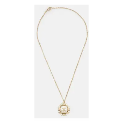 Chanel CC Faux Pearl Crystals Gold Tone Pendant Necklace