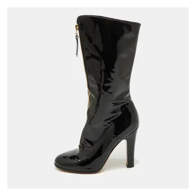 Valentino Black Patent Leather Zip Detail Mid Calf Length Boots Size