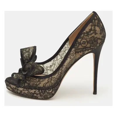 Valentino Black Lace and Mesh Bow Peep Toe Platform Pumps Size