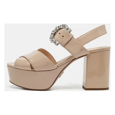 Prada Beige Patent Leather Crystal Buckle Ankle Strap Sandals Size