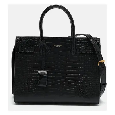 Saint Laurent Black Croc Embossed Leather Baby Classic Sac De Jour Tote