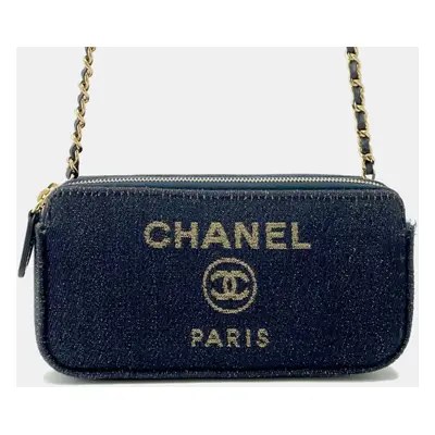 Chanel Navy Canvas Deauville Small Chain Wallet