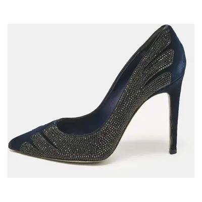 René Caovilla Blue Velvet Crystal Embellished Pointed Toe Pumps Size