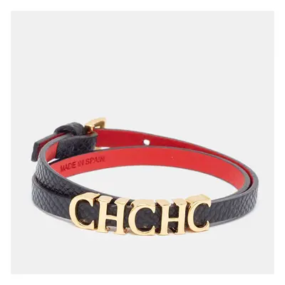 CH Carolina Herrera Black Leather Logo Double Wrap Bracelet