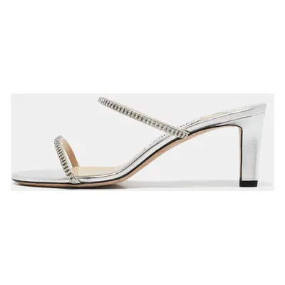 Jimmy Choo Silver Leather Crystal Embellished Slide Sandals Size