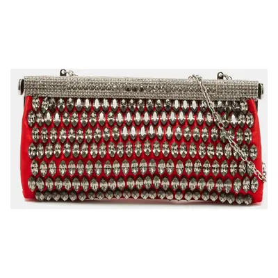 Valentino Red Satin Crystals Embellished Chain Clutch