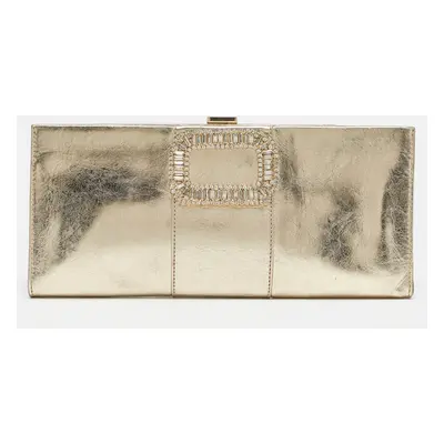 Roger Vivier Gold Leather Crystals Embellished Pilgrim Clutch