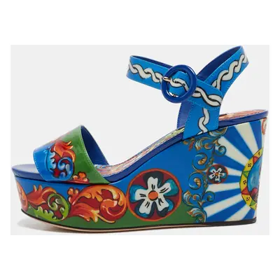 Dolce & Gabbana Multicolor Majolica Print Patent Leather Wedge Sandals Size