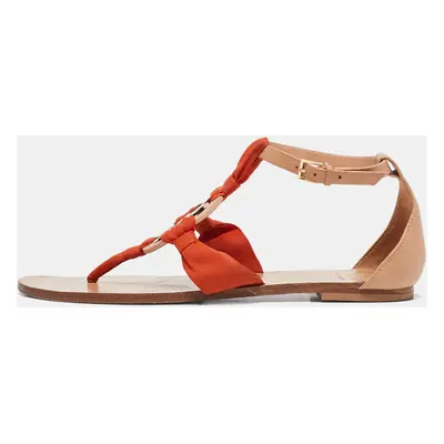 Tory Burch Brown/Orange Leather and Printed Fabric Miller Scarf Thong Flat Sandals Size