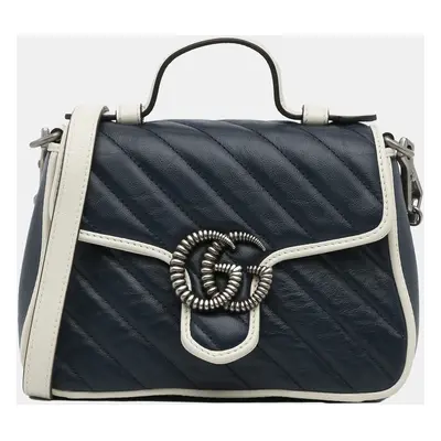 Gucci Blue Leather Mini GG Marmont Torchon Top Handle Bag