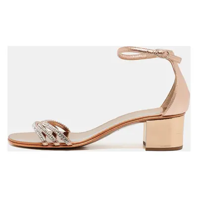 Giuseppe Zanotti Metallic Gold Leather Crystal Embellished Ankle Strap Flat Sandals Size