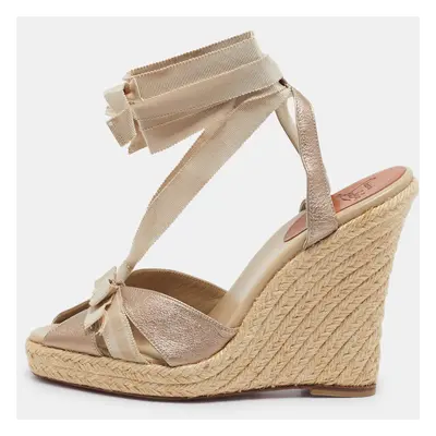 Christian Louboutin Gold Fabric and Leather Delfin Espadrille Wedge Sandals Size