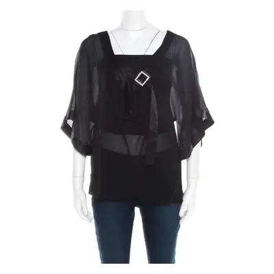 Emporio Armani Black Sheer Silk Embellished Satin Trim Blouse