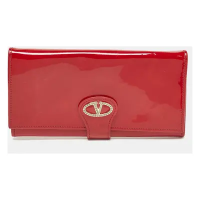 Valentino Red Patent Leather Crystals Catch Flap Continental Wallet