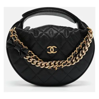 Chanel Black Quilted Shiny Caviar Leather Bow Pouch