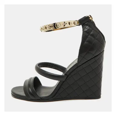 Chanel Black Leather Charm Embellished Ankle Cuff Wedge Sandals Size