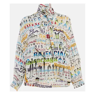 Balenciaga Multicolor Silk Logo Print Tie-Up Neck Detail Blouse