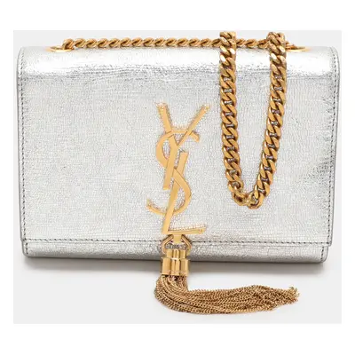 Saint Laurent Silver Textured Leather Monogram Kate Shoulder Bag