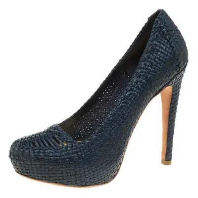 Prada Blue Woven Leather Madras Platform Pumps Size