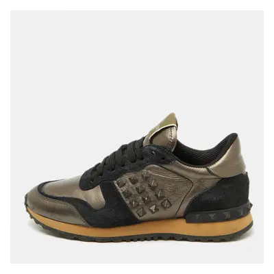 Valentino Metallic/Black Leather and Suede Rockrunner Sneakers Size