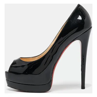 Christian Louboutin Black Patent Leather Lady Peep Toe Platform Pumps Size 38.5