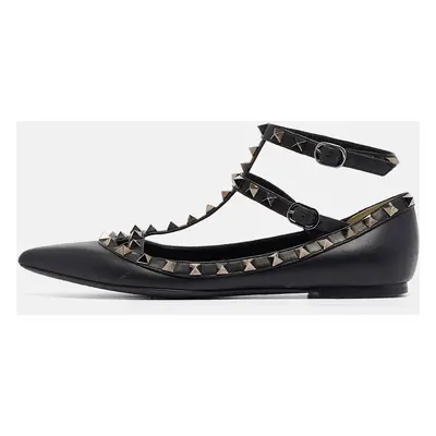 Valentino Black Leather Rockstud Ankle Strap Flats Size